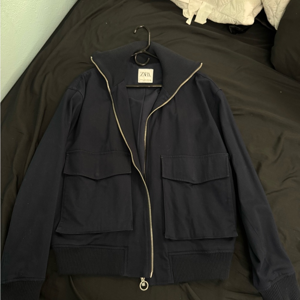 Zara Men's Dark Blue Bomber Jacket